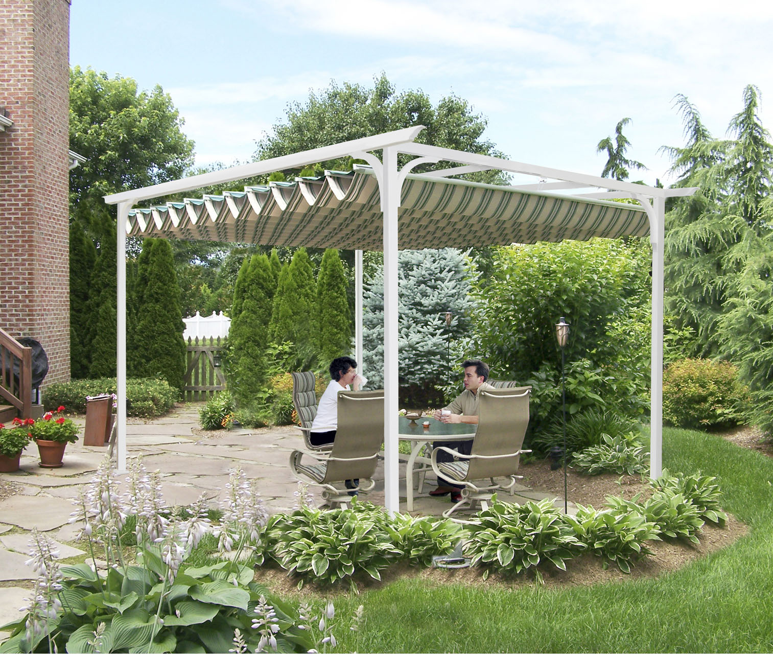 couple sitting under pergola canopy